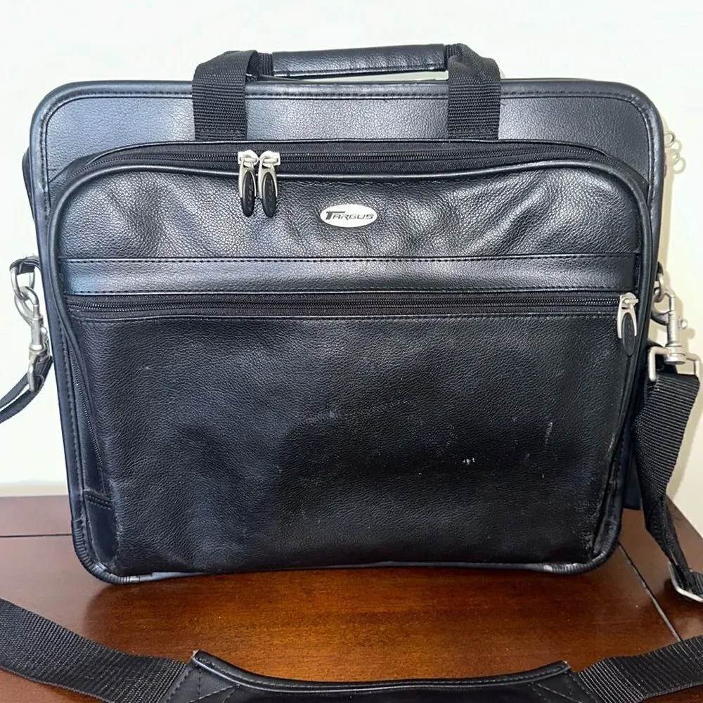 TARGUS Black Tech Padded Faux Leather Laptop Travel Bag with a Crossbody Strap
